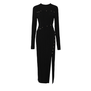 DPLAY2025冬季气质黑色连衣裙毛衣裙针织连衣裙设计感显瘦长裙女