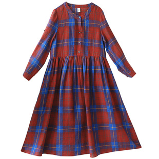 【玫瑰庄园】复古怀旧红格子连衣裙女2025秋季宽松浪漫压褶衬衫裙
