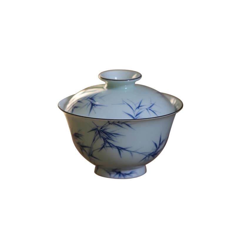 大鱼美器 清风竹影泡茶碗 景德镇青花瓷二才碗纯手工手绘陶瓷盖碗