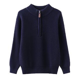 男童毛衣2025秋冬新款加绒加厚纯棉针织衫中大童立领半拉链打底衫