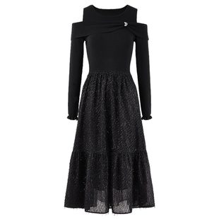 秋水伊人优雅气质肩部拼接蝴蝶结连衣裙2026年春季新款女时尚裙子