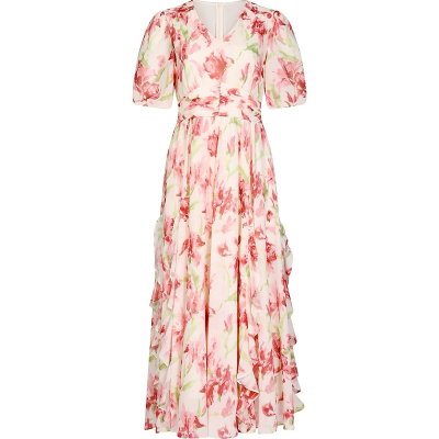 珂莱2026年夏季新法式度假风碎花连衣裙女V领短袖钉珠裙KF13147U5