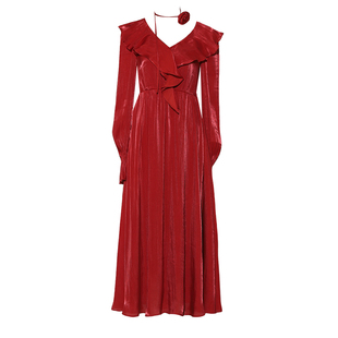 DPLAY2026春季新款法式红色连衣裙女气质收腰长袖长款女沙滩裙