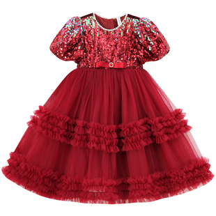 女童泡泡袖公主裙冬装新款儿童高级感亮片礼服女孩网纱连衣裙