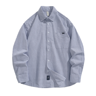 高级复古条纹衬衫男士长袖宽松大码秋季新款潮流纯棉衬衣休闲外套