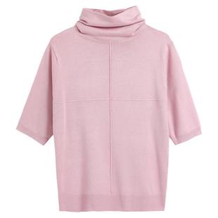 高端羊绒衫女短袖t恤早秋新款薄款针织毛衣宽松中袖高领打底衫