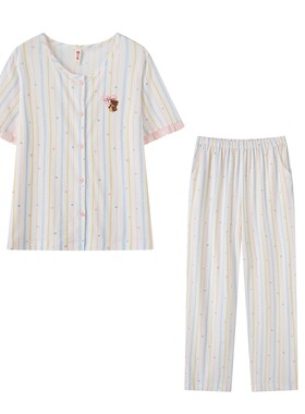 芬腾纯棉睡衣女防螨夏季短袖长裤分体式家居服套装亲肤透气可外穿