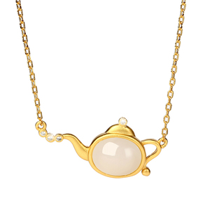 宫里上新和田玉吊坠纯银把把壶打麻将项链女天然玉石颈链生日礼物