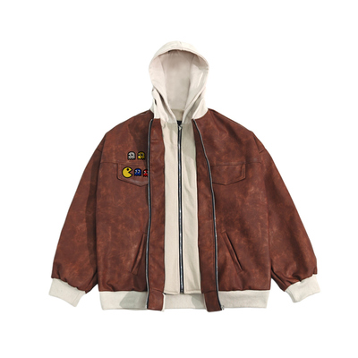 美式复古连帽做旧皮衣外套