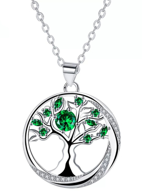 生命树项链女绿色圆形吊坠银色链条时尚轻奢高级感上衣配饰