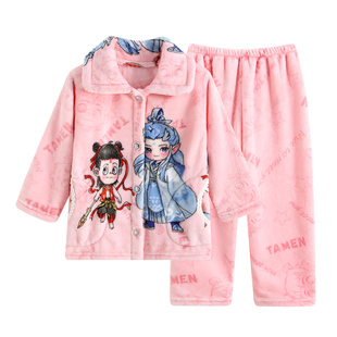 冬季女童薄款法兰绒睡衣儿童加绒保暖套装女孩珊瑚绒小女生家居服