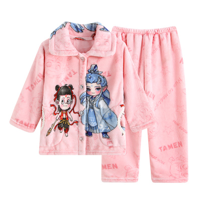 冬季女童薄款法兰绒睡衣儿童加绒保暖套装女孩珊瑚绒小女生家居服