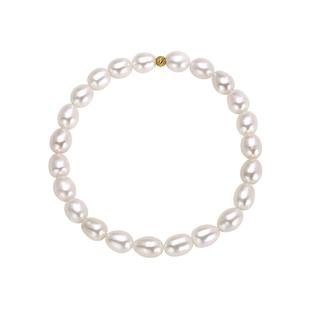 欧诗漫珠宝白色淡水珍珠手链椭圆形金珠手串弹力绳金明