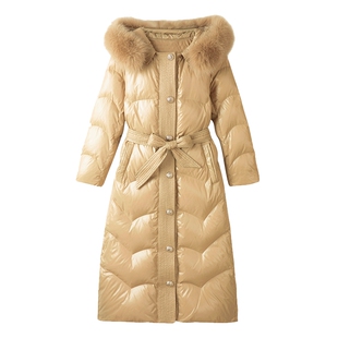 白鹿语真狐狸毛领鸭绒羽绒服冬款保暖连帽单排扣带腰带长款外套女