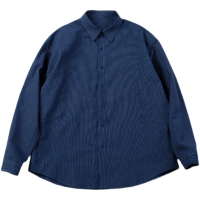 NOEARS藏青色细条纹翻领纯棉肌理水洗长袖衬衫男日系复古春夏薄款