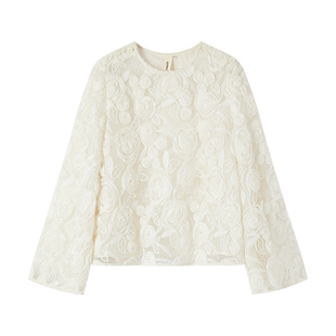 CROWNLESS未冕繁雪玫瑰新中式盘绳绣薄纱圆领肩扣式衬衫上衣女