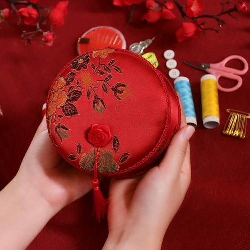 结婚针线盒婚庆家用针线包锦缎陪嫁大全用品收纳盒圆形套装婚庆