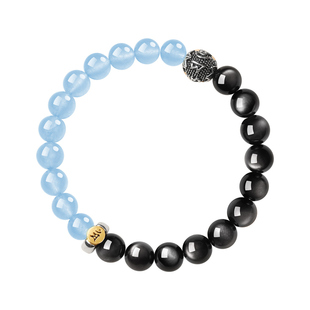 杭州灵隐黑曜石银曜石海蓝宝六字真言手串女款转运珠水晶手链补水