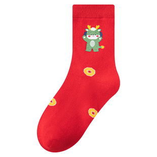 儿童红袜子2026新款马年本命年大红色男童女童小学生纯棉中长筒袜