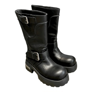 2026巴家秋冬新款毒液短靴英伦风机车皮带扣厚底中筒靴增高马丁靴