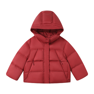 初煦 杜邦三防女童冬季保暖羽绒服红色短款加厚90白鸭绒连帽年服