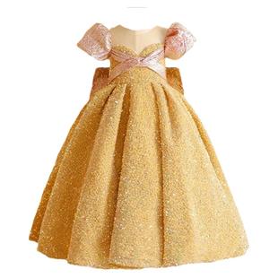 女童生日礼服长裙女孩亮片金色公主裙儿童主持人走秀高端演出服装