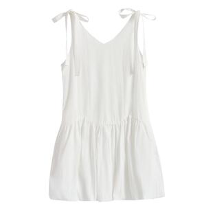 紫涵莱赛尔V领无袖连衣裙女2026年夏季新款甜美简约系绳花苞短裙