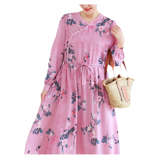 秋新中式手工盘扣旗袍裙大码复古旗袍连衣裙