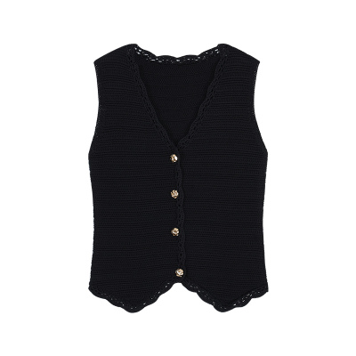 NEVA HU黑色V领小香风针织马甲背心女小众设计感气质收腰无袖上衣