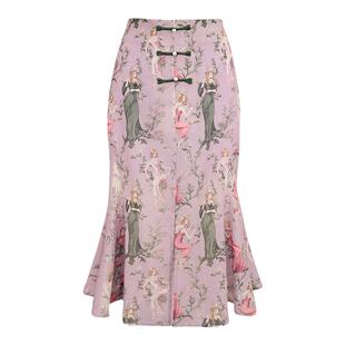 JUNGLE ME灰粉紫复古风插画印花国风包臀中长裙新中式半身鱼尾裙