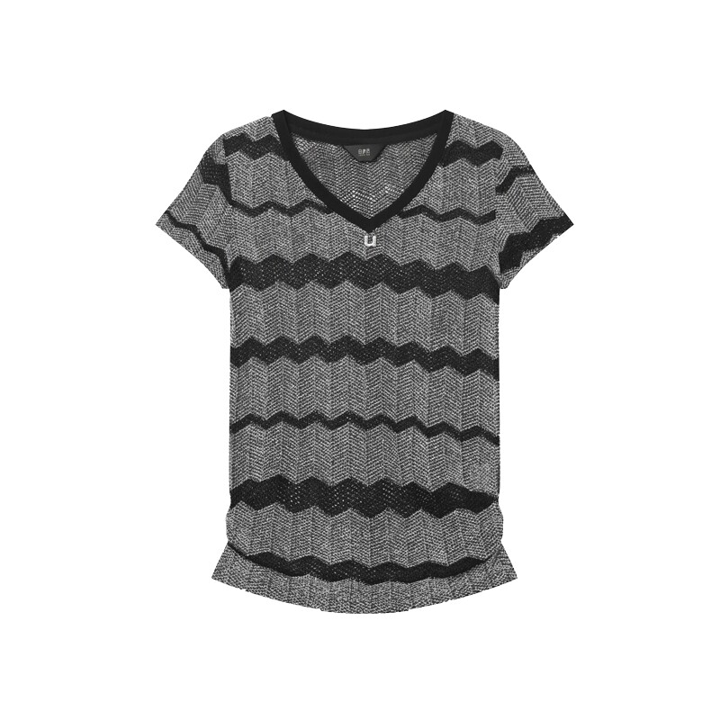 白鹿语简约V领撞色条纹修身t恤