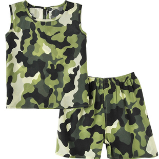 夏季男童迷彩色真丝套装宝宝女童桑蚕丝背心上衣短裤两件套儿童装