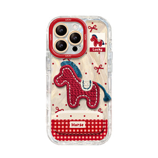 2026新年限定毛绒小马羽纱纹手机壳带镜子支架适用iPhone17ProMax女款防摔14/15/16华为Mate70小米17保护套