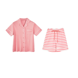 出口日本千趣家女童短裤T恤套装睡衣夏季短袖纯棉女孩中大童亲子