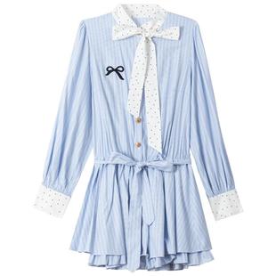 KEIKO 智性通勤蓝色条纹连衣裙2026春季miu系气质系带收腰衬衫裙