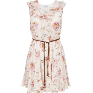 ONLY2026春季新款波嬉风碎花迷人荷叶边无袖V领收腰短裙连衣裙女