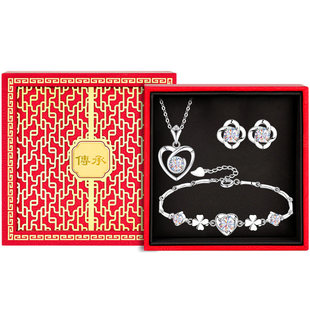 999纯银项链手链耳钉套装女莫桑石莫桑钻银吊坠首饰三件套送女友