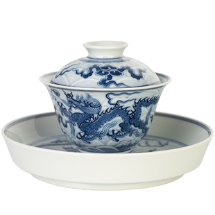 圣山景德镇柴窑青花龙腾盖碗陶瓷手绘盖碗茶杯套组中式茶具泡茶碗