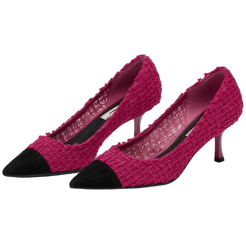 73hours女鞋缤纷日常春季新款气质尖头玫红小香风单鞋高跟鞋女