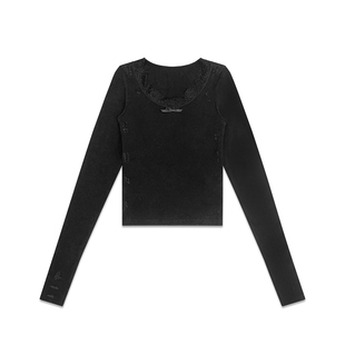 ECHOADE优化身形 做旧破洞褪色工艺 蕾丝边蝴蝶结设计V领修身T恤