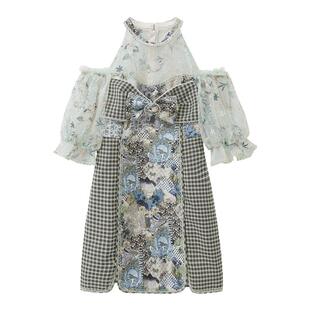 我爱露露LULUALWAYS夏季新款露肩刺绣网纱蝴蝶结格纹连衣裙