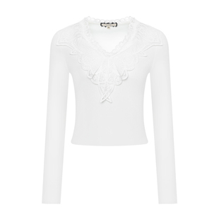 GEGINA吉吉娜秋冬季新品蕾丝拼接V领T恤修身百搭短款时髦上衣女