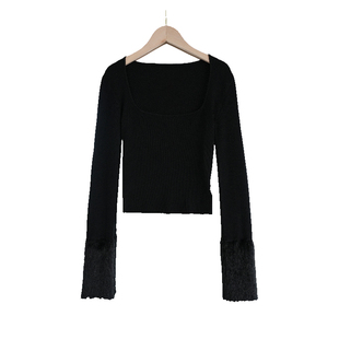 STN袖口拼接貂毛打底毛衣针织衫女2025新款春秋短款修身纯欲上衣