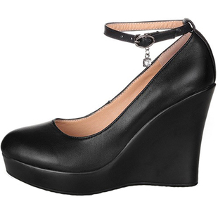 真皮浅口圆头单鞋女高坡跟模特鞋一字扣带超高跟鞋女防水台有小码