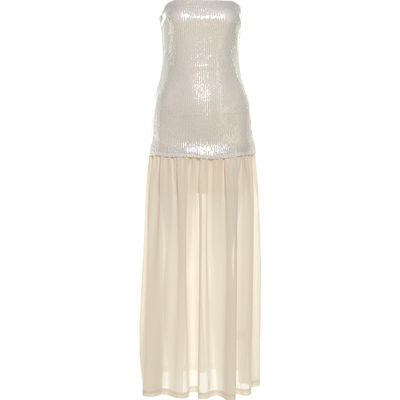 奶杏绝美亮片闪耀拼接抹胸连衣裙