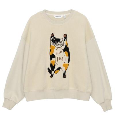 MOVEUP幻走2024冬季新款.FUN系列猫咪绣花圆领套头短款加绒卫衣女