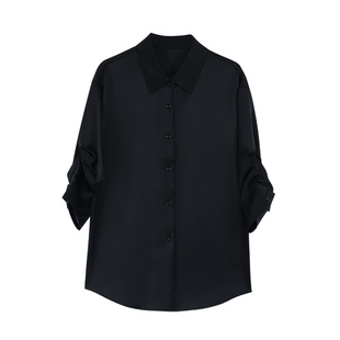 pusumede高级感醋酸衬衫女绸缎光泽感宽松垂感七分袖气质通勤上衣