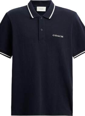 COACH/蔻驰奥莱男士棉质经典标志白色饰边黑色短袖POLO衫商务