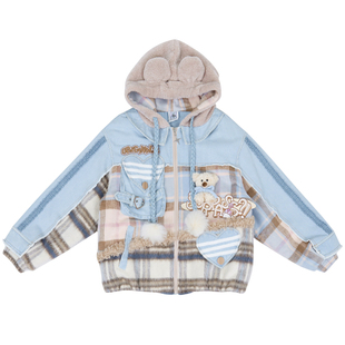 冬学院狐狸毛球爱心口袋熊耳朵连帽牛仔拼接宽松加绒格子毛呢外套