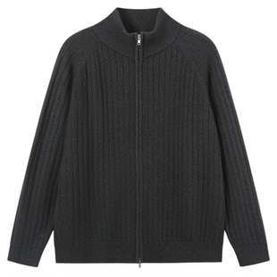 MOSEALAND秋冬新款保暖开衫外套美丽奴羊毛混纺立领条纹拉链毛衣